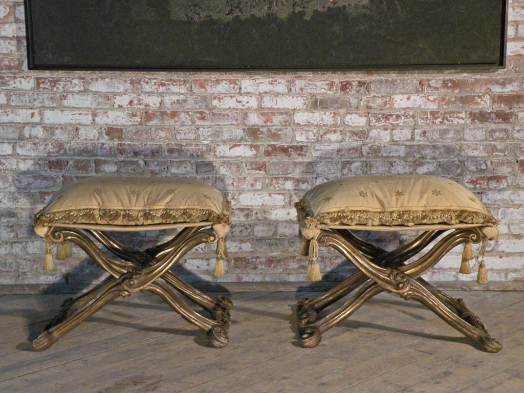 18th Century and Earlier Pair of Italian Early 19th Century Rococo Style Gilt Pliants or Stools For Sale