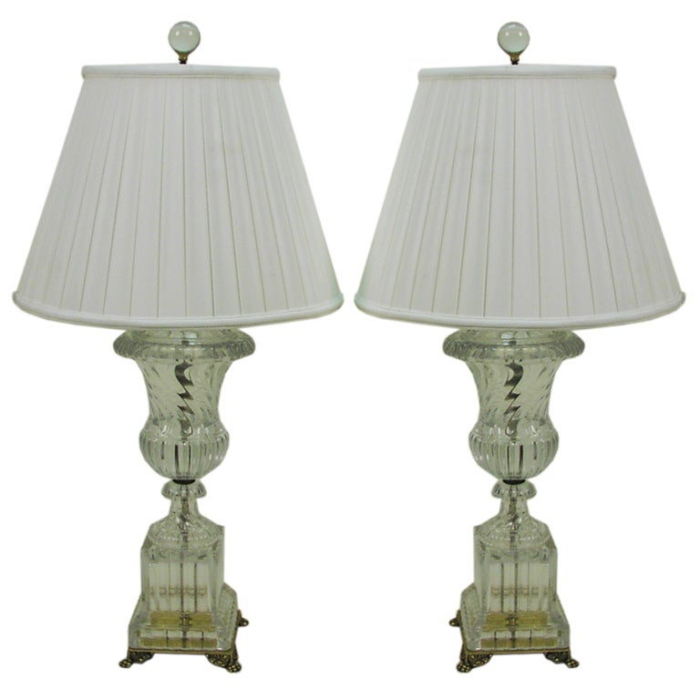 Pair of NeoClassical Style Spiral and Fluted Glass Urn Lamps