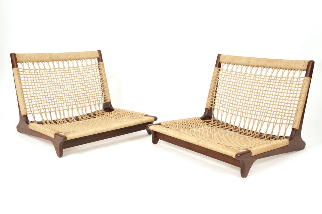 Solid teak and hemp modular seating group by Hans Olsen circa late 1950's. Phenomenally designed, each piece is removable so it is multi functional. The entire arrangement can be used in a long line or used as an l with the sofa and love seat.  Each