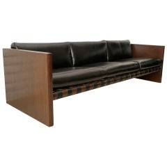 Cantilevered Walnut Leather and Iron Sling Sofa