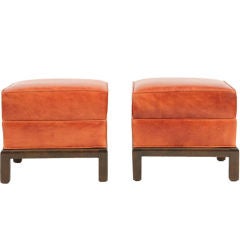 Pair of Leather & Walnut Ottomans