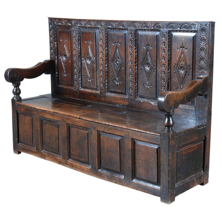 Highly Carved Charles II Oak Settle For Sale