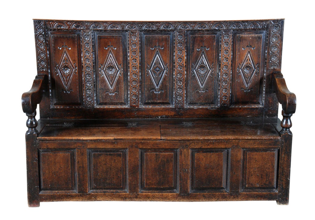 English Highly Carved Charles II Oak Settle For Sale