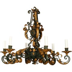 French green painted and gilt iron chandelier, circa 1940