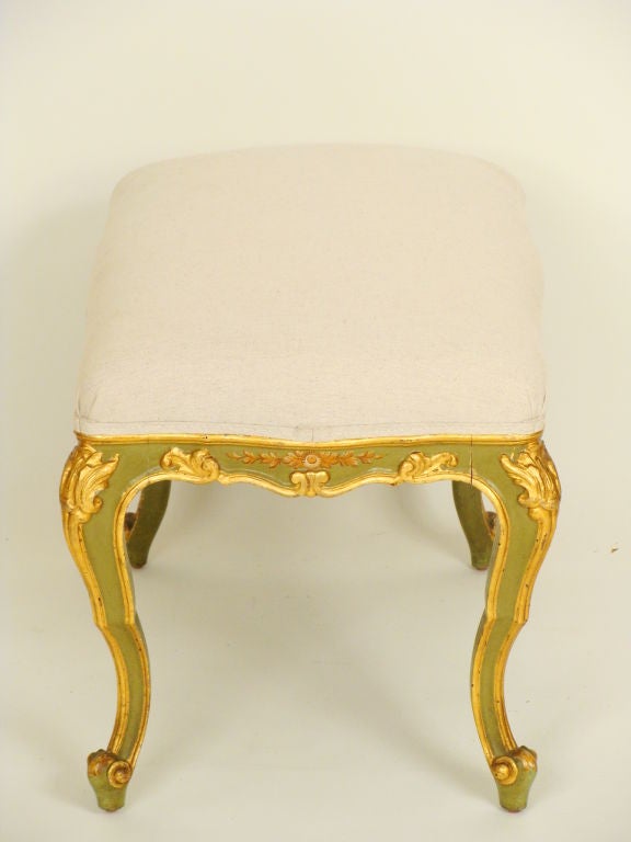 Pair of Louis XV painted and partial gilt benches