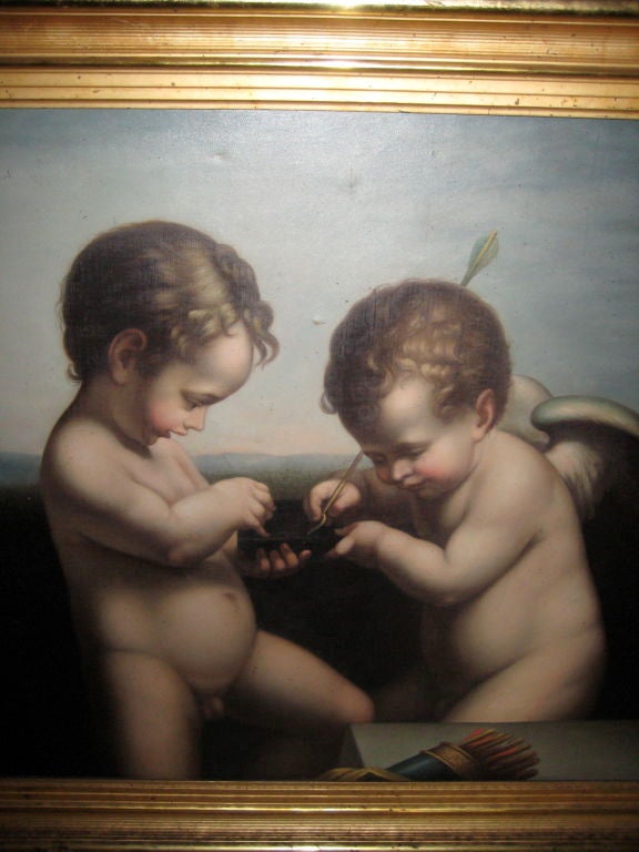 Original painting of two cupids at play surrounded by a period frame.