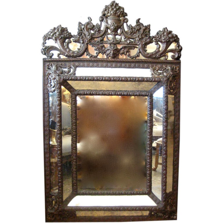 19th c., Brass Repousse Mirror For Sale