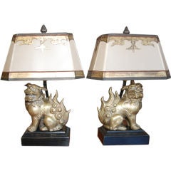 Antique Pair of Chinese Bronze Foo Dog Lamps