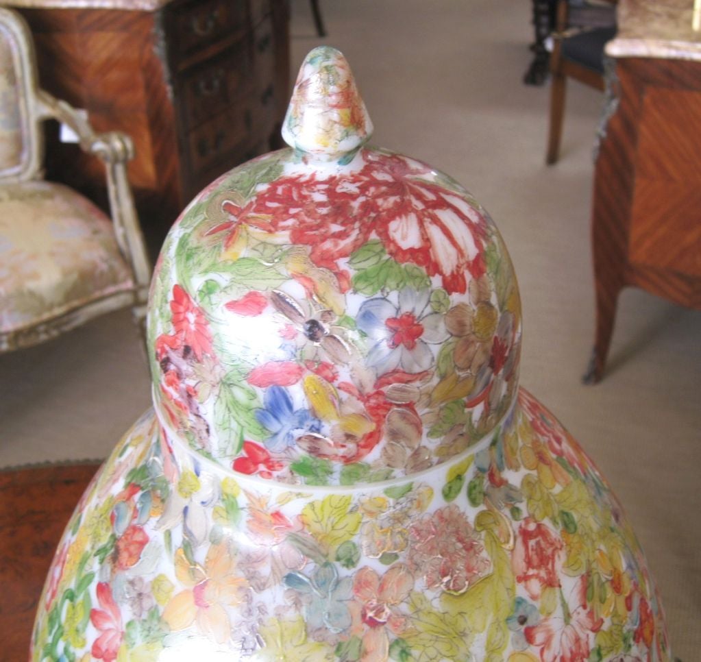French 19th Century Opaline Lidded Vase with Painted Floral Motif
