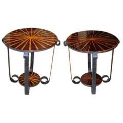 Pair of Art Deco Amboyna Wood and Patinated Iron Tables