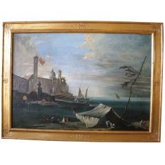 Italian Canaletto Style Oil Painting of a Harbor Scene