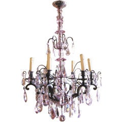 Antique French Lavender Crystal and Bronze 6 Arm Chandelier