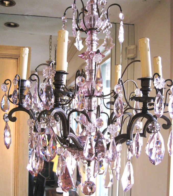 French Lavender Crystal and Bronze 6 Arm Chandelier