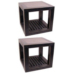 Pair of Chinese Black Lacquer Cube Stone Top Tables.