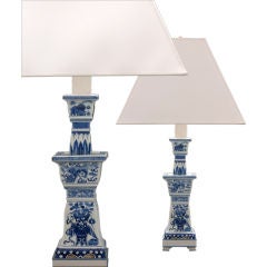 A Pair of Chinese Blue and White Candlesticks Now Lamps
