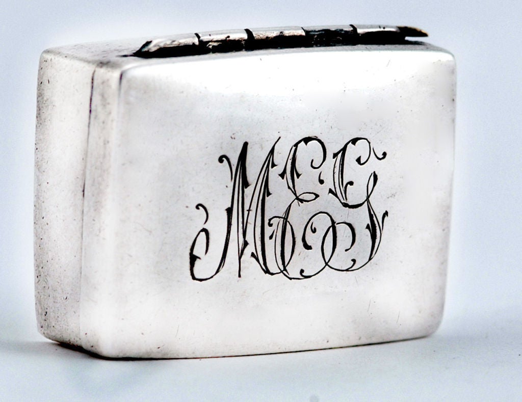 PLEASE VISIT LAUREN STANLEY IN NEW YORK <br />
<br />
A fine circa 1935 sterling silver pill box by Fred Davis of Taxco, Mexico, with hinged lid.<br />
<br />
Weight 1 oz. Dimensions 1 1/8 inches long by 3/4 inches wide by 3/8 inches high.      
