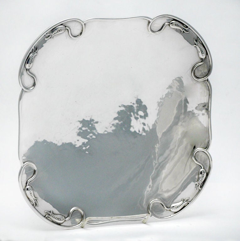 PLEASE VISIT LAUREN STANLEY IN NEW YORK<br />
<br />
A fine and large circa 1955 sterling silver footed tray by Carl Poul Petersen of Montreal, Canada, with undulating, applied rim and dimensional corn flowers and vines in each of 4 corners, all