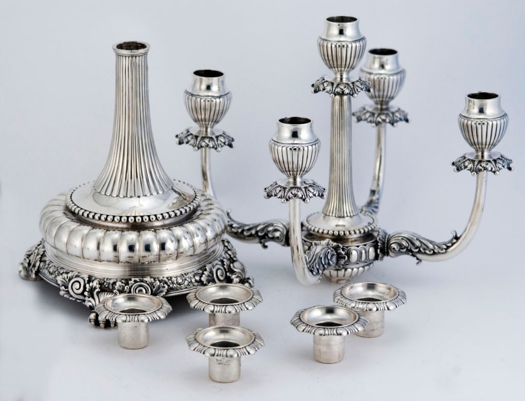 PLEASE VISIT LAUREN STANLEY IN NEW YORK<br />
<br />
Being offered is a sublime pair of circa 1885 5-candle candelabra by Tiffany & Co., of New York, chased exquisitely, the central column with vertical ribbing, beading applied at base and at