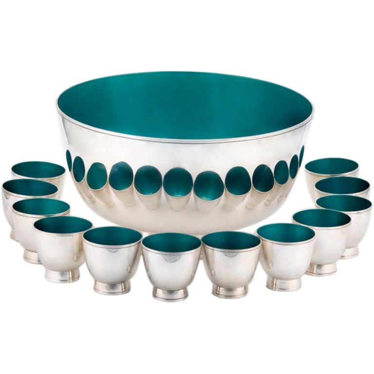 Museum Qality Towle Sterling Silver Enamel Punch Bowl 12 Cups For Sale