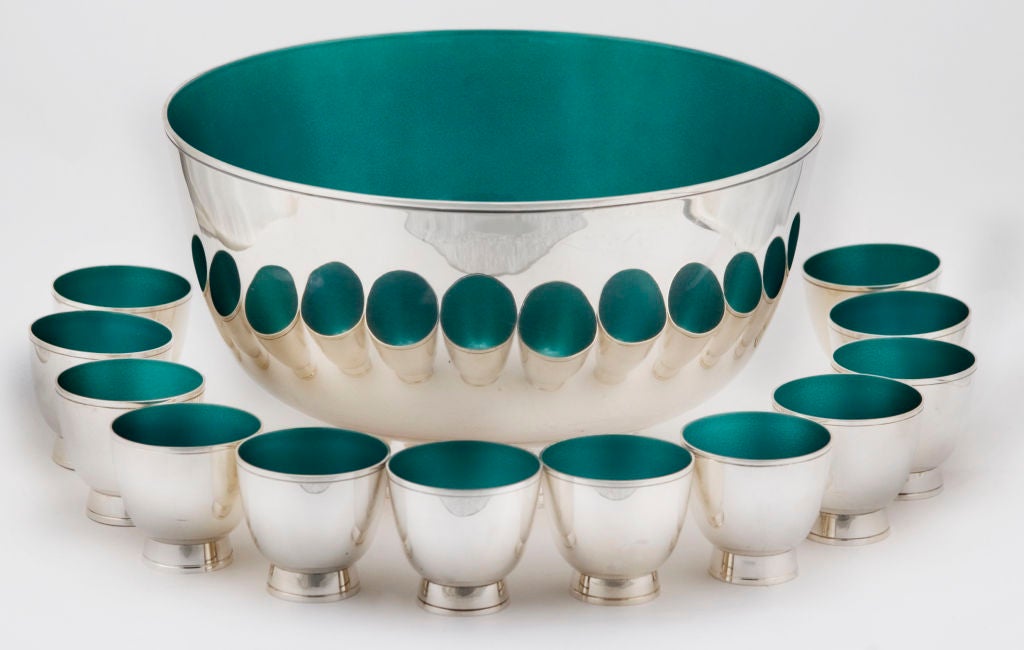 Mid-20th Century Museum Qality Towle Sterling Silver Enamel Punch Bowl 12 Cups For Sale