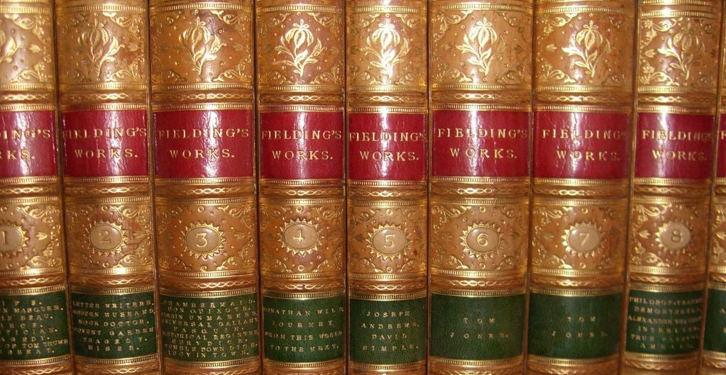 Ten volumes complete works of Henry Fielding bound full three <br />
quarter tan calf, red and green labels to spine, all edges marbled and marbled endpapers, illustrated  to the frontispiece<br />
to each volumes, this edition  complete with