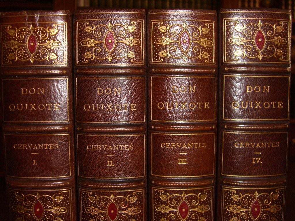 Four volumes bound in full wine morocco, top edge gilt, raised bands, illustrated frontispiece, this edition of Don Quixote<br />
of the Mancha by Miguel De Cervantes translated by Thomas Shelton and illustrated by Daniel Vierge. Publishes