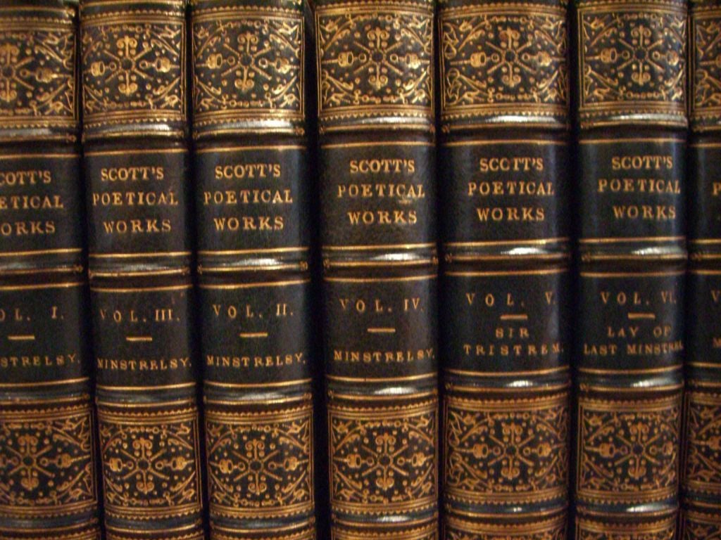 The complete poetical works of Sir Walter Scott Bart.12 Volumes<br />
bound in full blue morocco with extra gilt on covers and spine,<br />
raised bands with six compartments to spine, all edges gilt,<br />
each volumes illustrated to the