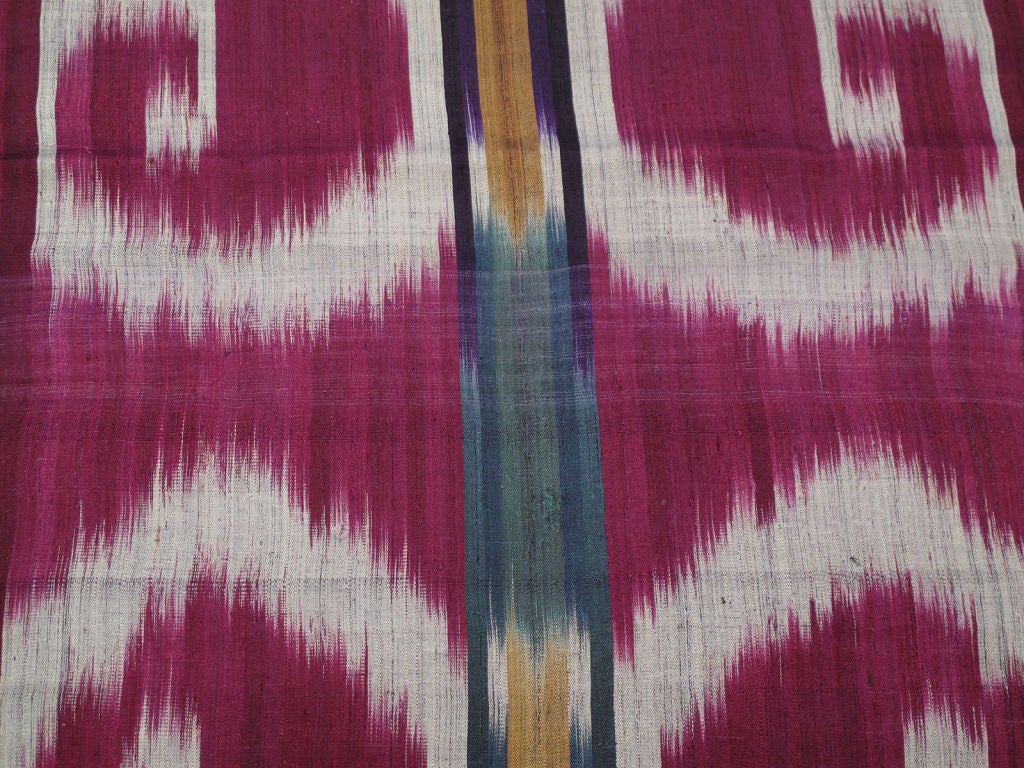 Ikat panels. Three ikat panels from the same loom length, individually mounted on navy cotton fabric. Each panel measures about 70