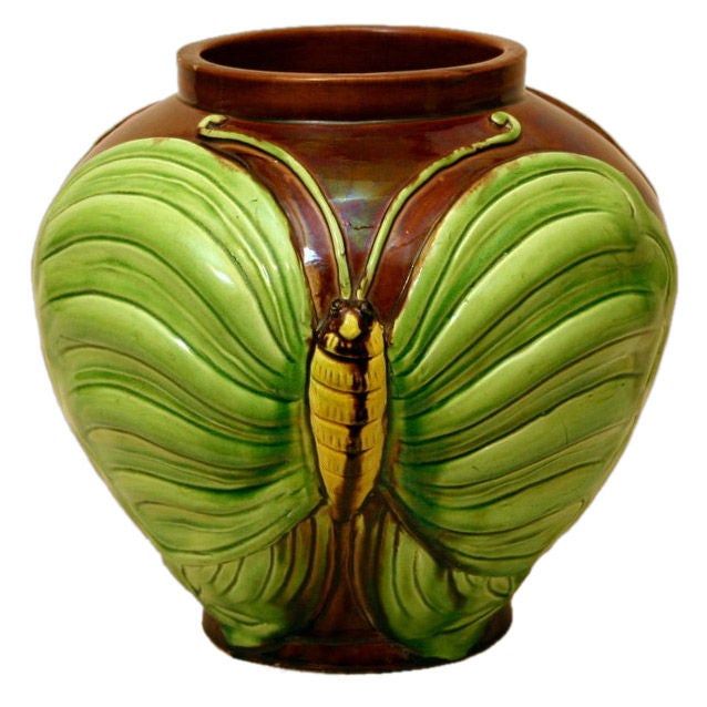 Antique Awaji Pottery Vase with Applied Butterflies For Sale