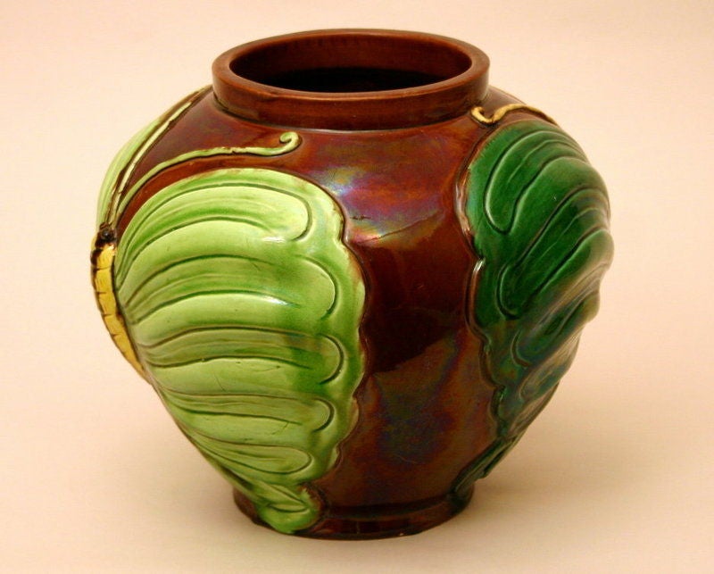 Art Nouveau Antique Awaji Pottery Vase with Applied Butterflies For Sale