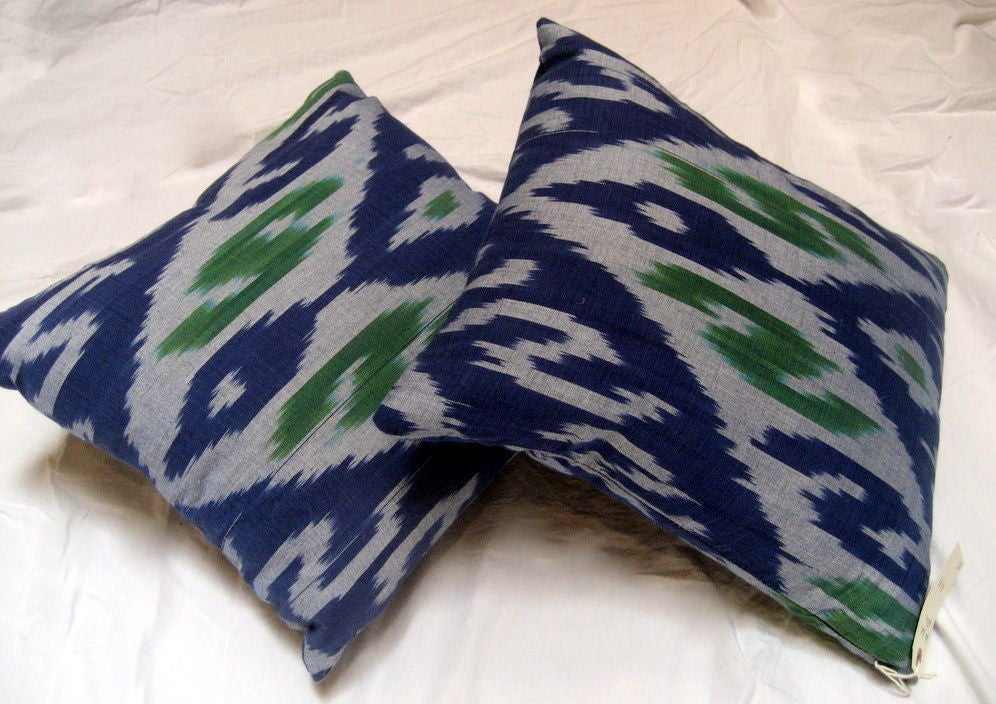 Contemporary Blue and Green Ikat Pillow