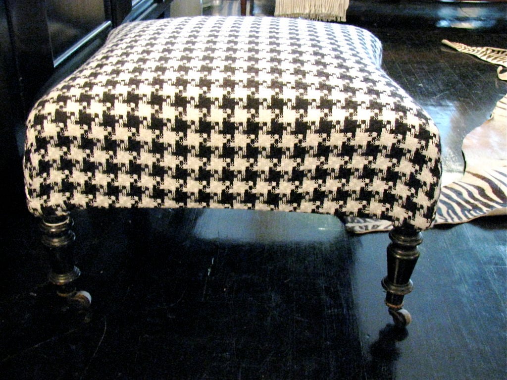 1940's black and white wool houndstooth covered square ottoman with turned wood legs