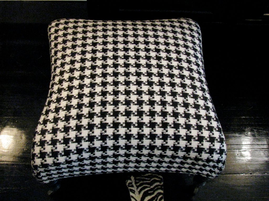 French Vintage Black and White Houndstooth Ottoman