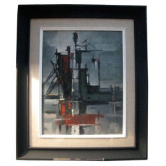 Abstract Oil-Modernist Crane on Port Scene-signed "L. Verchard"