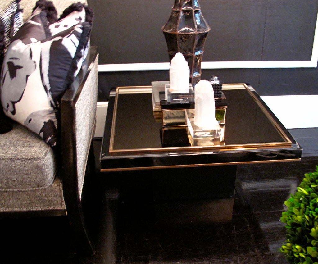 French Vintage Black Lacquer, 23K Gold and Amber Mirror Side Table
