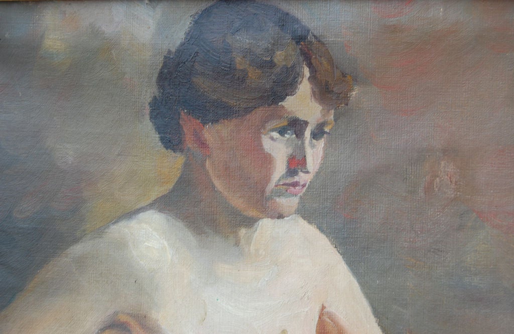 Hand-Painted Vintage Female Nude Oil Painting by Helge Frender c. 1936 For Sale