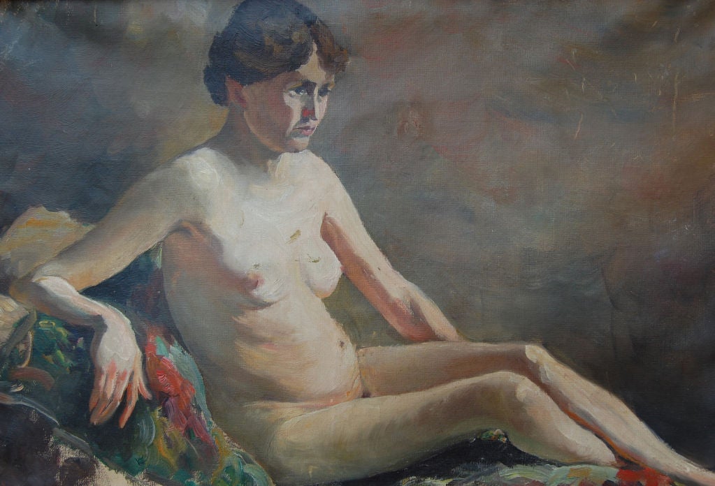 Art Deco Vintage Female Nude Oil Painting by Helge Frender c. 1936 For Sale