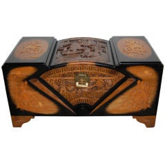 Vintage Chinese Art Deco Carved Camphor, Lacquer and Cedar Trunk Chest