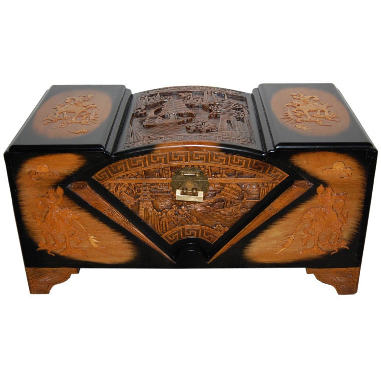 Chinese Art Deco Carved Camphor, Lacquer and Cedar Trunk Chest