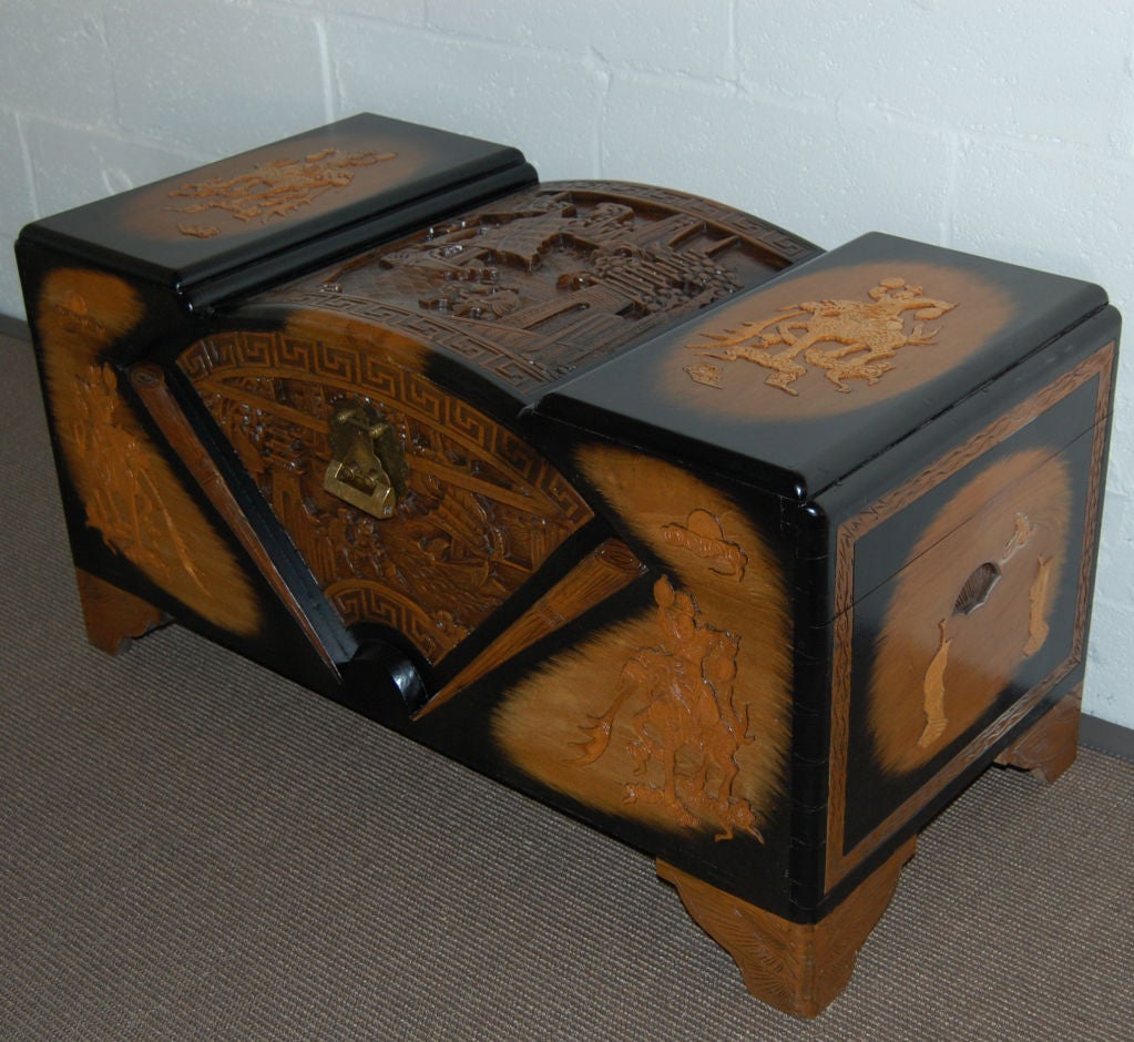 Chinese Art Deco Carved Camphor, Lacquer and Cedar Trunk Chest 1