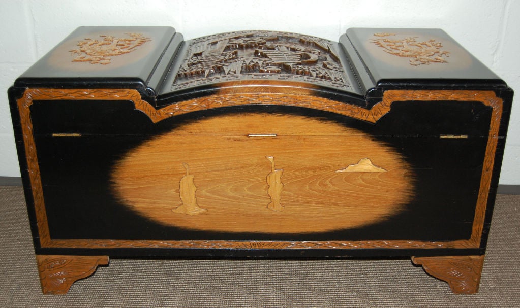 Chinese Art Deco Carved Camphor, Lacquer and Cedar Trunk Chest 4