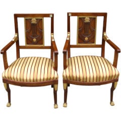 Pair of Mahogany Gilt Decorated Neoclassical Armchairs