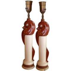 Vintage Pair of French 20th C Pottery Column Seahorse Lamps