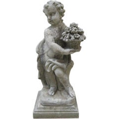 Stone Statue of Putti Holding a Bouquet of Flowers