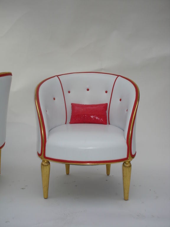 20th Century Paul Follet Giltwood and Leather Suite Art Deco Hall Chairs