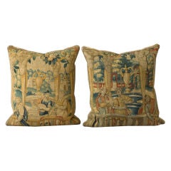 Antique Pair of Brussels Tapestry Fragments Made into Modern Cushions