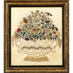 Antique American Silk Embroidery of a Basket of Flowers, circa 1835