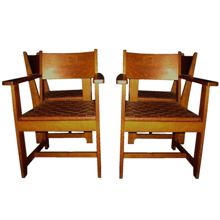 Set of Four Arts & Crafts Oak Arm Chairs by Charles Stickley For Sale