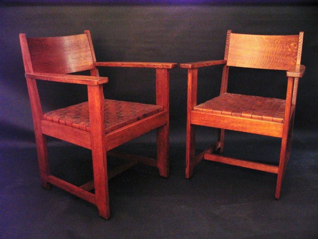 Set of Four Arts & Crafts Oak Arm Chairs by Charles Stickley For Sale 5