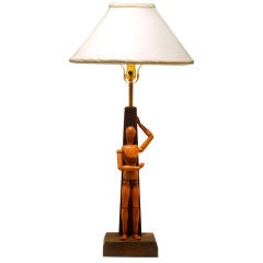 Vintage Pair of American Table Lamps in stained oak with artists forms